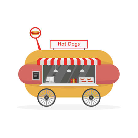 Cartoon hot dog cart, street food. Vector illustration.のイラスト素材