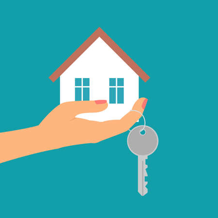 Hand holding house in palm and key on finger. Vector illustration.のイラスト素材