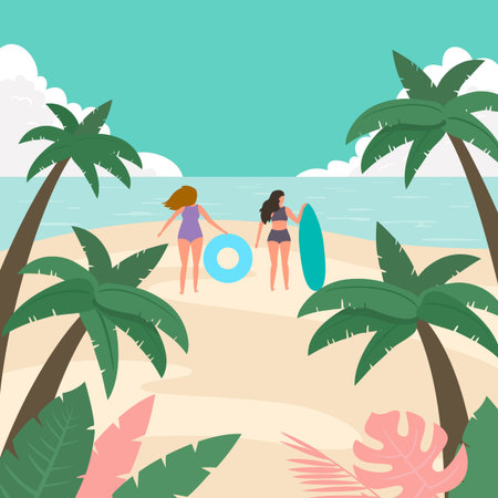 Sea panorama with palm trees and people. Tropical beach, summer background. Vector illustration.