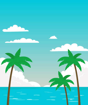 Sea panorama with palm trees. Tropical beach, summer background. Vector illustration.のイラスト素材