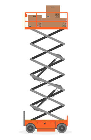 Scissors lift platform with cardboard boxes on white background. illustration.のイラスト素材