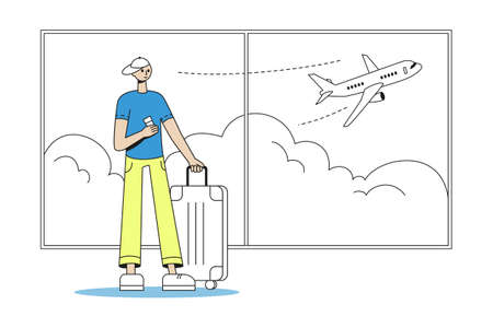 Man with boarding pass in airport, travel concept. Vector illustration.のイラスト素材