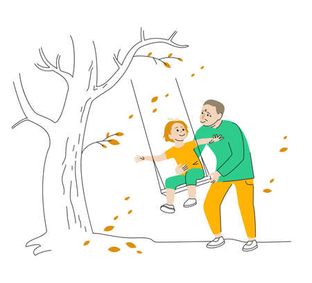 Grandfather swinging grandson on a swing. Vector illustration.のイラスト素材