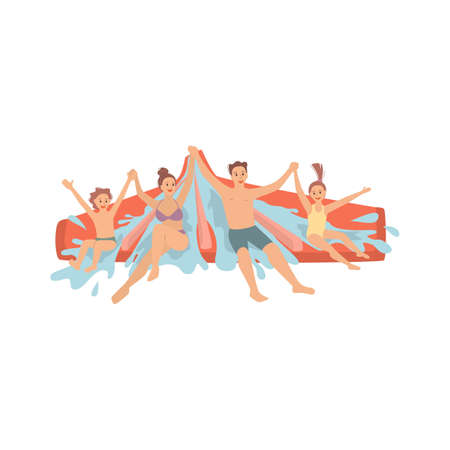 Happy family spends time in the water park. Vector illustration.のイラスト素材