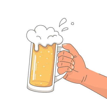 Hand holding a beer mug. Holiday octoberfest concept. Vector illustration.のイラスト素材