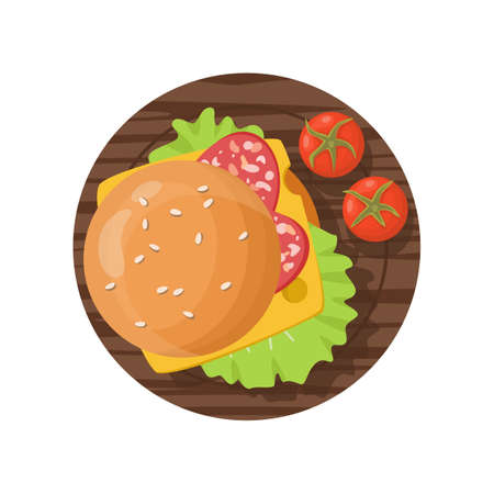 Cartoon cheeseburger and hamburger on wooden board. Vector illustration.のイラスト素材