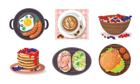 Cartoon set of classic breakfasts: coffee, scrambled eggs, pancakes, porridge, sandwiches. Vector illustration.のイラスト素材