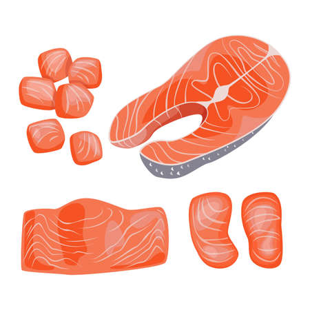 Salmon steak, fillet and pieces of fish, seafood. Vector illustration.のイラスト素材
