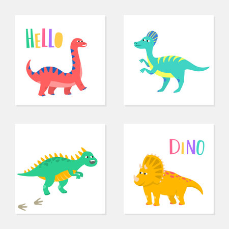 Set of colorful cards with cartoon dinosaurs. Vector illustration.のイラスト素材
