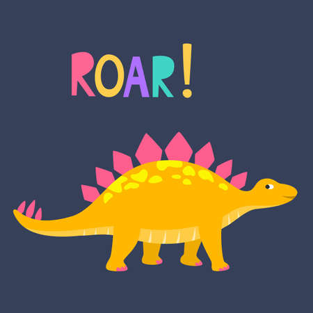 Cartoon dinosaur with "ROAR" lettering. Vector illustration.のイラスト素材