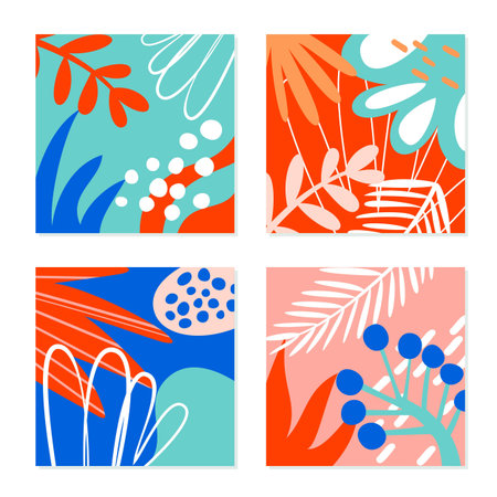 Set of abstract floral cards. Trendy graphic design for poster, card, print, cover, wallpaper, flyer, invitation, placard and wall decor. Vector illustration.のイラスト素材