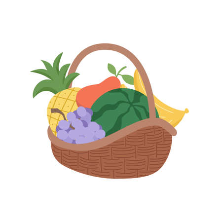 Wicker basket with various fruits. Vector illustration in cartoon style.のイラスト素材