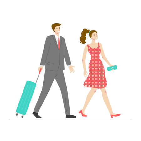 Happy couple with a suitcase at the airport. vector illustration.のイラスト素材