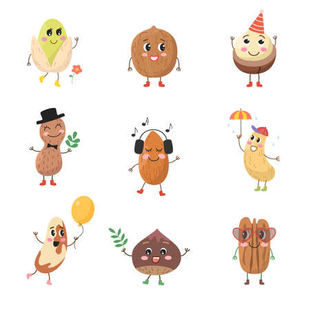 Set of cute cartoon nuts on white background. vector illustration.のイラスト素材