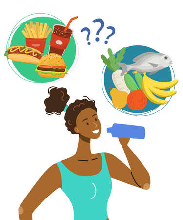 Woman choosing between healthy and unhealthy eating concept. vector illustration.のイラスト素材