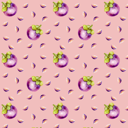 Tropical fruits seamless pattern with pink background. Watercolor purple Mangosteen pattern for background, textile design.の写真素材