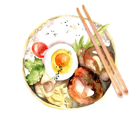 Japanese traditional luch bento box with ricee, meat balls with sause and egg. Isolated on white backgroundの写真素材