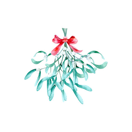 Christmas traditional hanging mistletoe bouquet watercolor illustration. New year bouquet design isolatedの写真素材