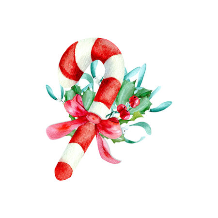 Watercolor christmas traditional composition with candy cane and winter greenery , red ribbon and berries isolated on white backgroundの写真素材