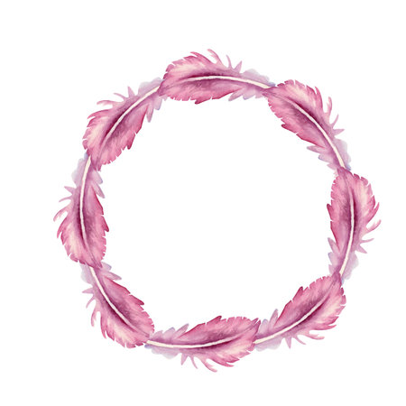 Waterco;or hand painted floral boho feathers wreath for invitation, card design isolatedの写真素材