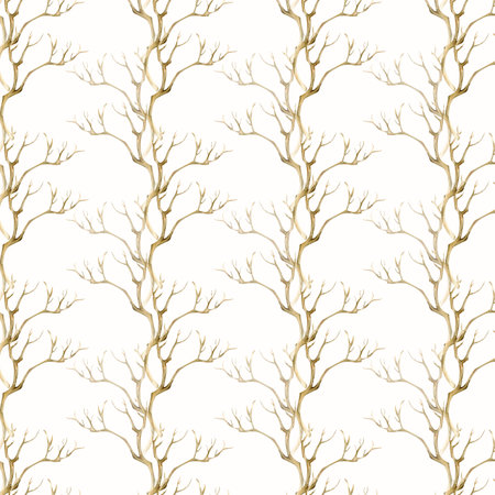 Watercolor hand drawn bare branch seamless pattern. Boho style floral background for packing, texture, textile design. Isolated on white background, rustic illustration collectionの写真素材