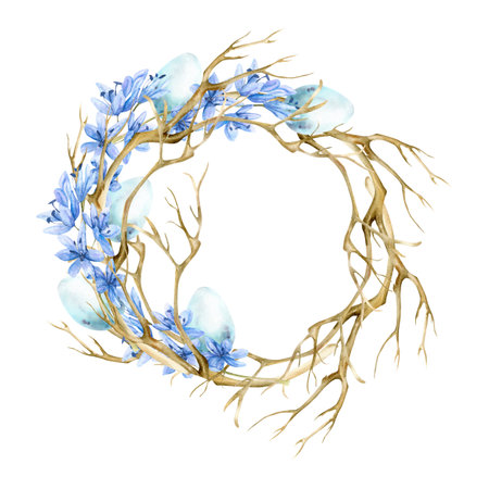 Watercolor rustic wreath with spring blue flowers, tree bare branch and blue Easter eggs. Round frame for happy Easter greeting card, invitation, , label decoration.の写真素材