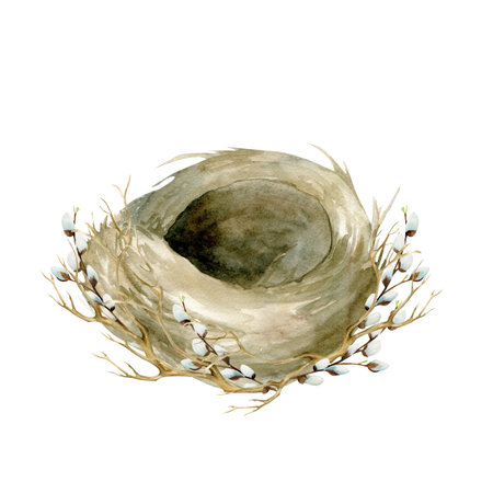 Watercolor hand drawn Easter nest with willow branches. Spring pastel colors composition for happy Easter greeting card, invitation, , label. Floral isolated clip artの写真素材