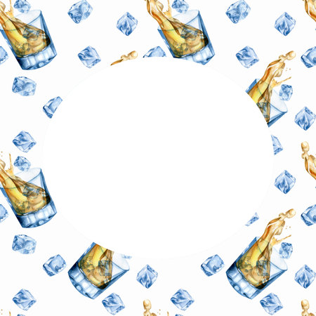 Watercolor drinking glasses round frame. Hand drawn glasses with liquid in motion background for menu, restaurant, cafe, bar design. Whiskey,water drinks isolated clipartの写真素材