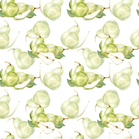 Watercolor green pearls seamless pattern. Summer fruit background for textile, packaging, decor design. Pear and slices with green leaves for kitchen,wallpaper decorationの写真素材
