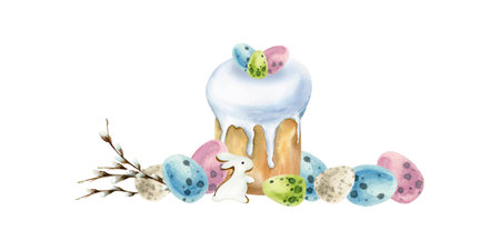 Watercolor hand drawn spring Easter composition. Easter sweet bread with eggs decoration, willow...