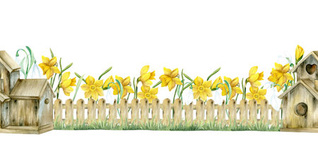 Watercolor hand drawn Easter seamless border with wooden birdhouse , wooden fence and spring flowers : snowdrops and yellow daffodils.の写真素材