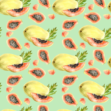 Watercolor tropical papaya fruits seamless pattern. Exotic ripe, summer food illustration.の写真素材