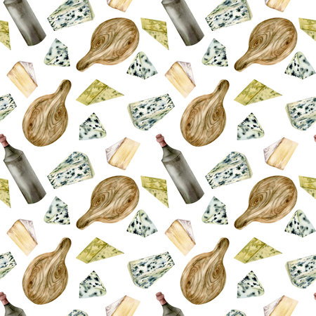 Cheese plate food seamless pattern. Hand drawn background with cheese pieces, wine bottle and wooden plate for packing, product, menu, restaurant designの写真素材