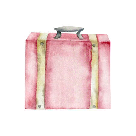 Retro pale pink travelling suitcase watercolor illustrtion .Hand drawn vintage bag, luggage for summer trip, voyage. Clip art for tourist booklet, agency label, logo design.の写真素材