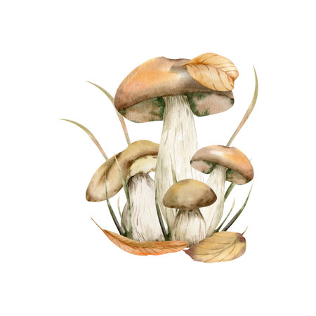 Autumn mushrooms composition. Edible mungus illustration with forest grass and fall orange leaves. Boletus and white mushrooms arrangement for harvest season, packing, tempateの写真素材