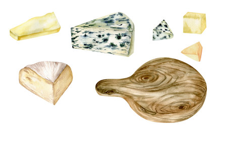 Cheese plate with single cheese pieces watercolro set. Dairy healthy food illustration with blue cheese, cheddar, camembert and round wooden plate. CLip art for product packing, diet book designの写真素材