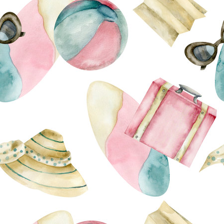 Retro travelling watercolor seamless pattern with ball, colorful vintage surf, pink luggage, sunglasses and sun hat. BAckground for summer textile, tourist booklet, travelling guide designの写真素材