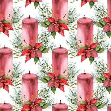Christmas flower with red candle and pine tree branches seamless pattern. Hand drawn new year background , floral winter print for invitation, packing, greeting card design. Tradiitonal hollyの写真素材