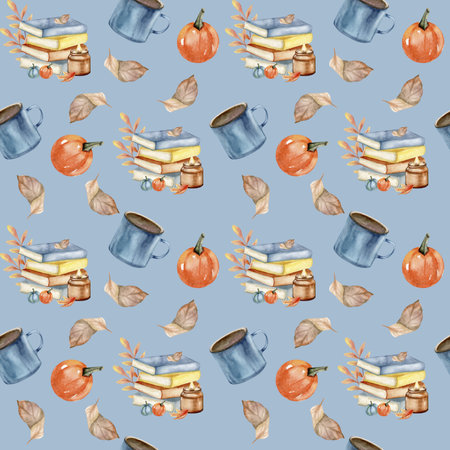 Autumn leaves, pumpkin, cup of coffee and composition with books seamless pattern on blue.Watercolor hand drawn background for studying stationery, notebook, fall festival decoration. Vintageの写真素材