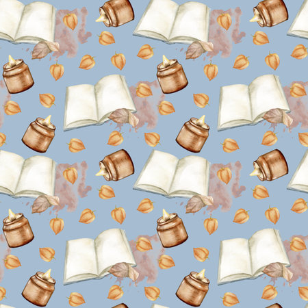 Opened book, warm candle and autumn leaves on blue seamless pattern. Hand drawn background for fall festival, cozy home decor, magic stationery, vinttage book decorの写真素材