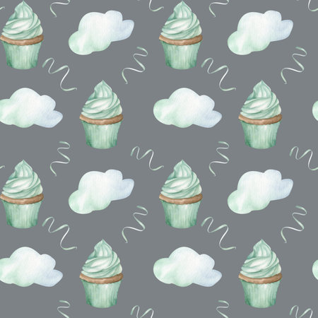 Monochrome mint muffins cupcake with confetti and cloud watercolor seamless pattern on dark. Hand drawn background for child birthday party, stationery, invitation design. Wrapping paper, gift box.の写真素材