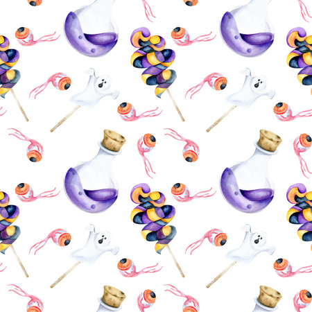 Halloween scary seamless pattern with magic glass bottle with violet liquid, white ghost, candy, eye in blood, background for happy Halloween celebration wrapping paper, packing design.の写真素材