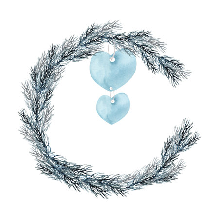 Winter Christmas wreath with pine branches and new year decorative heart shape toys watercolor illustration. Hand drawn new year party invitation, card template design. Botanical floral element.の写真素材