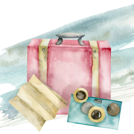 6. Retro summer vacation pink luggage with camera and old map on watercolor splash illustration. Hand drawn tropical beach trip arrangement for poster, packing, travel agency card design. Invitation, posterの写真素材