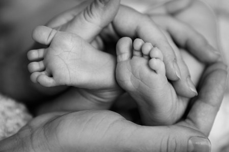 Baby feet in Mother's hands in black and white, focus on toes of left foot
