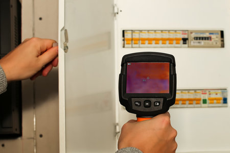 thermal imaging inspection of electrical equipment. Close-up shot of man hand recording heat loss with infrared thermal cameraの写真素材