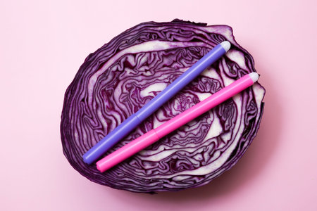 Cauliflower, red cabbage. Violet and pink. Natural food colors. A healthy vegetable. Vegatorian.の写真素材