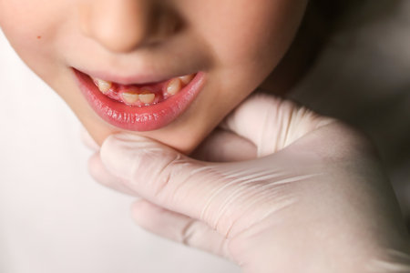 A dentist examines the baby teeth in the girl. The loss of milk teeth. The girl has no upper teeth. The loss of milk teeth in children.の写真素材