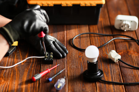 Electrician hands connecting wires in terminal block. Connection of wires with clamps. An...