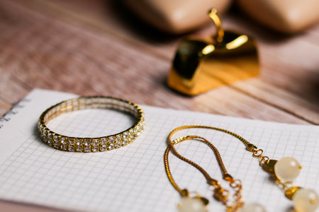 The gold bracelet lies on a blank notebook. To-do list for the bride, goals, wedding schedule.の写真素材